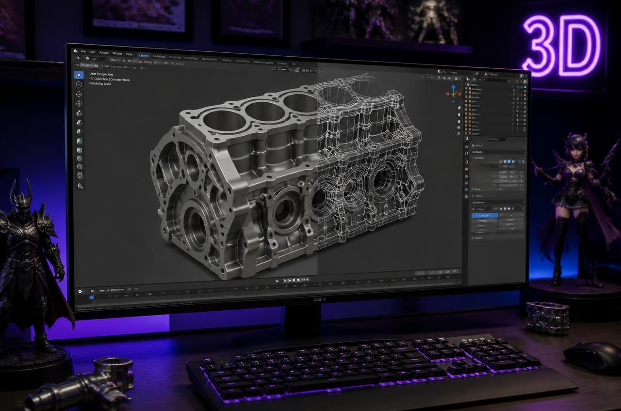 Stanowisko pracy z modelem 3D silnika w programie do modelowania